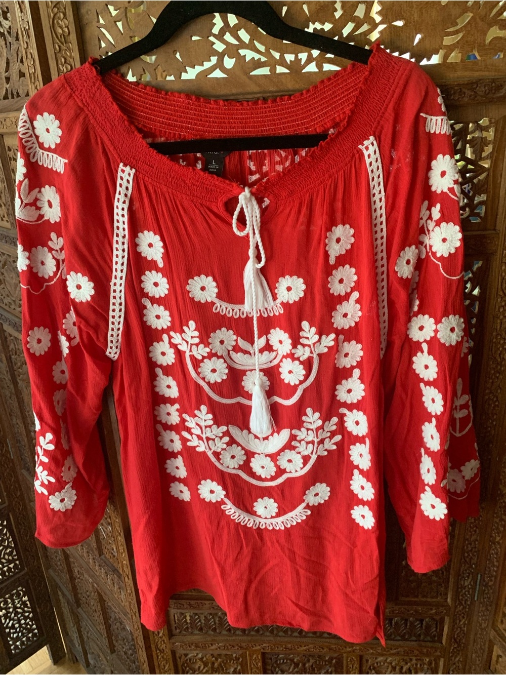 intro. Red Embroidered Peasant Tunic with White Floral Detail - Picture 1 of 4